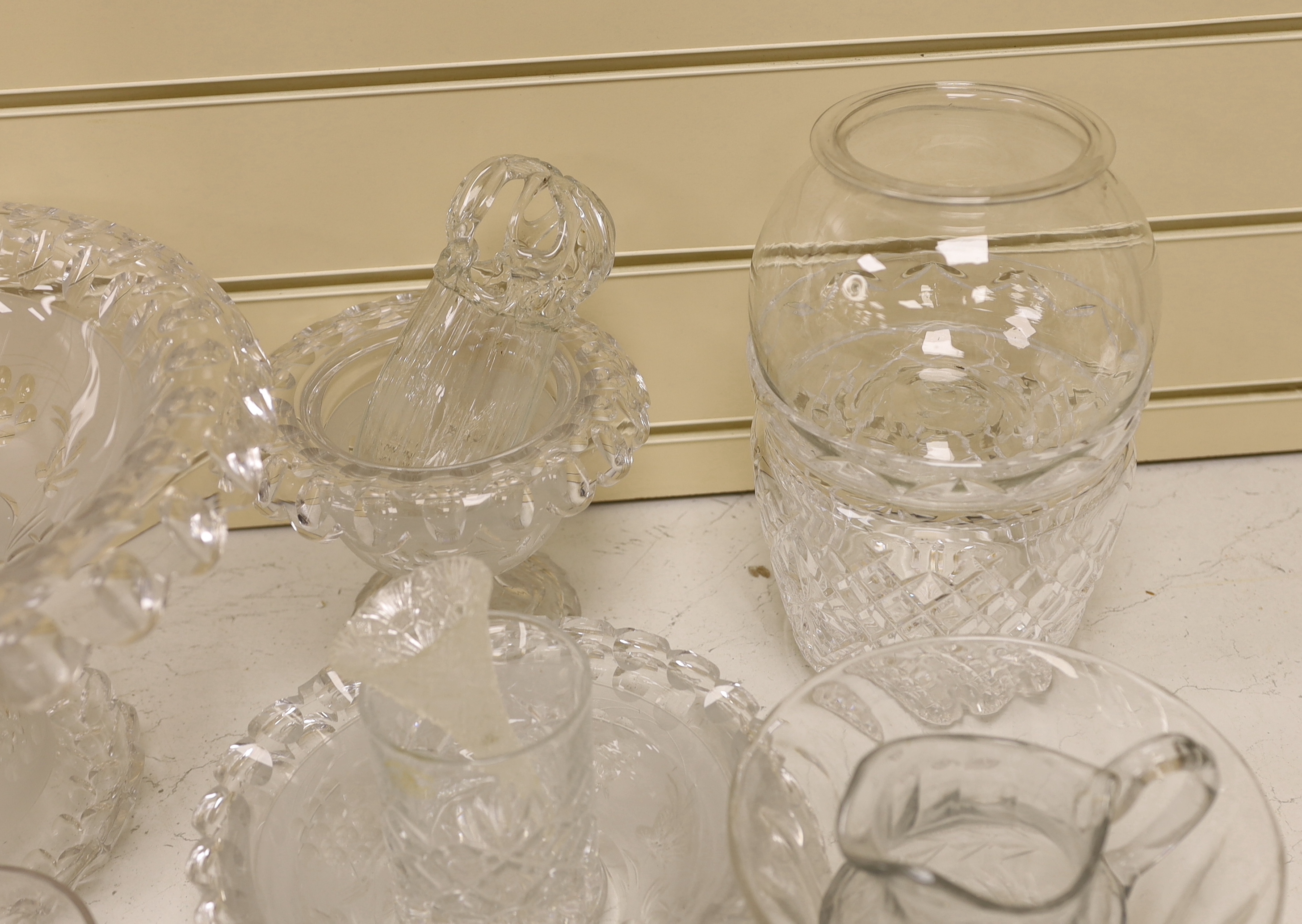 Glassware including cut glass service, 2 comports and a dish, finger bowls, an epergne etc, largest 35cm in diameter